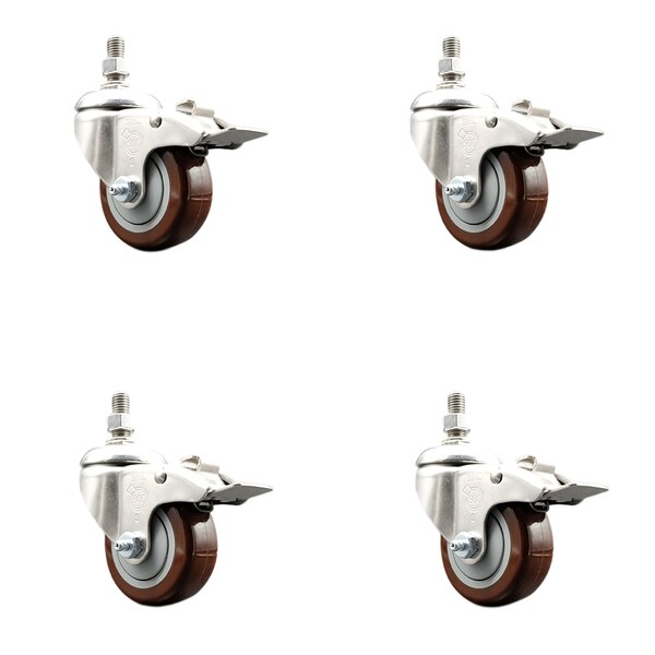 Service Caster 3.5 Inch 316SS Maroon Polyurethane Swivel 10mm Stem Caster Set Lock Brake SS316TSTTL20S3514-PPUB-MRN-M1015-4 - main